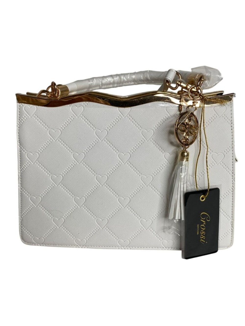 Crossi NWT White Clutch Handbag Gold Frame Heart Embossed Evening Church Wedding - Picture 2 of 13